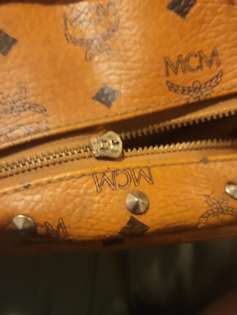MCM Cognac Brown Monogram Leather Backpack with Gold Studs